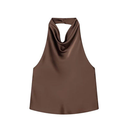 MUJER Women's Halter Satin Camisole Top — Off Shoulder Backless Summer Top