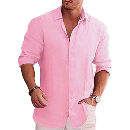 Men's Cotton Linen Long Sleeve Casual Shirt — Solid Color Plus Size Linen Top