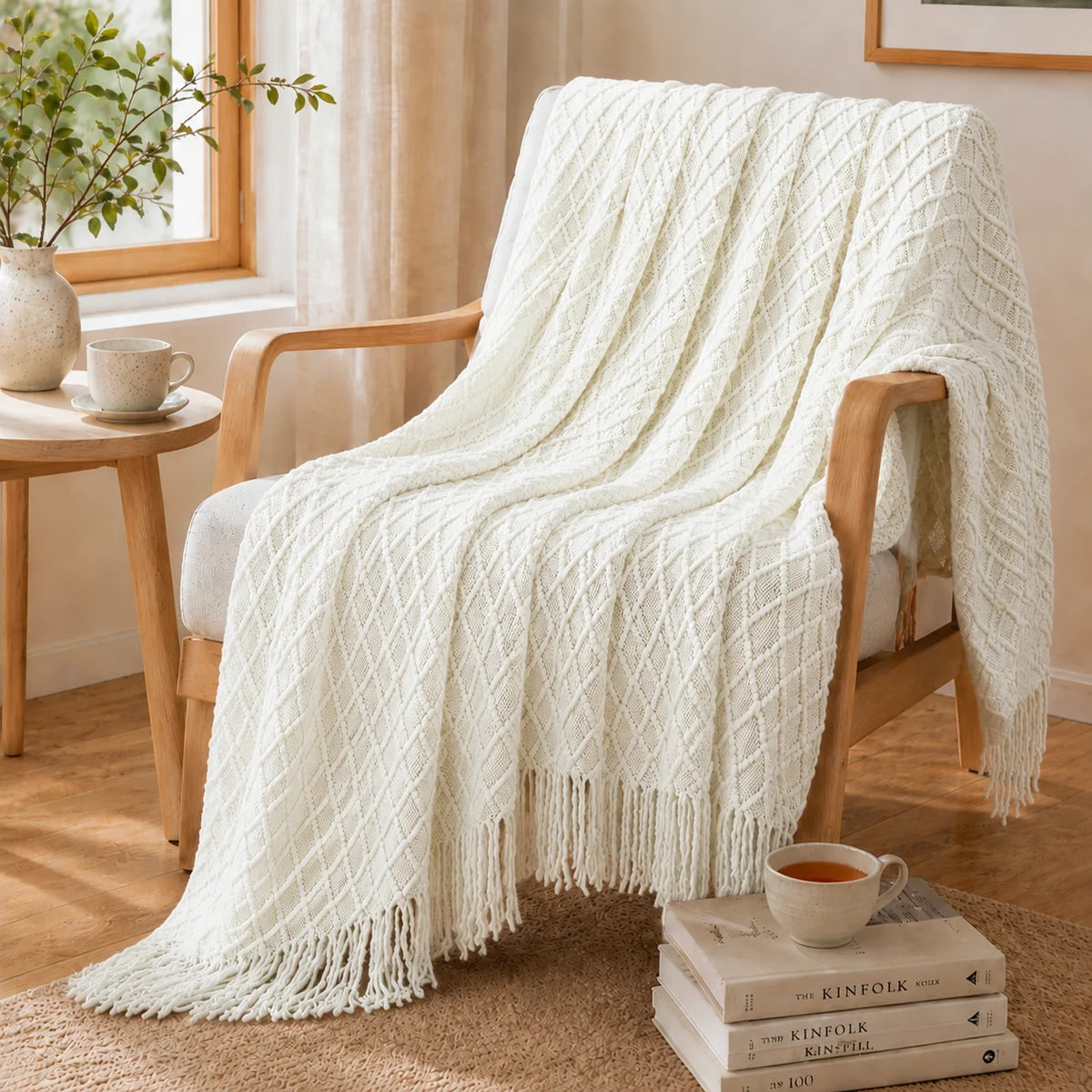 Sage Green Mixed Bobble Diamond Textured Knit Throw Blanket with Tassel Fringe, Soft Knitted Decorative Blanket, Lightweight Cozy Cover for Couch Sofa Bed, Boho Farmhouse Home Decor for Living Room Bedroom