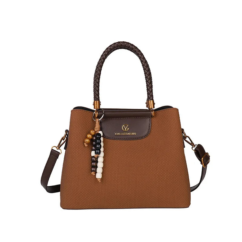 Dark Khaki Faux Leather Tote, Braided Handle & Wood Beads