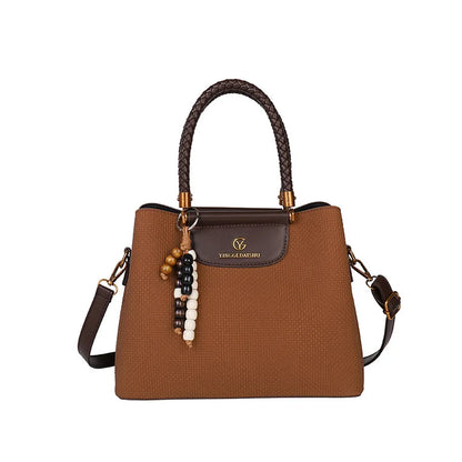 Dark Khaki Faux Leather Tote, Braided Handle & Wood Beads
