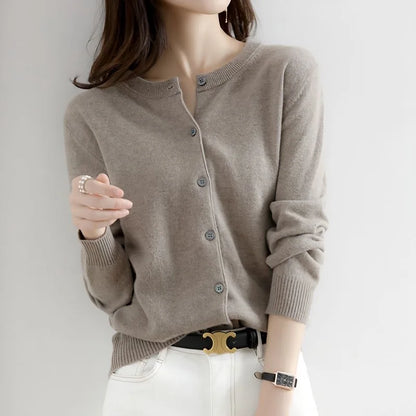 Women's Round Neck Knitted Cardigan Sweater — Solid Color Loose Slimming Top