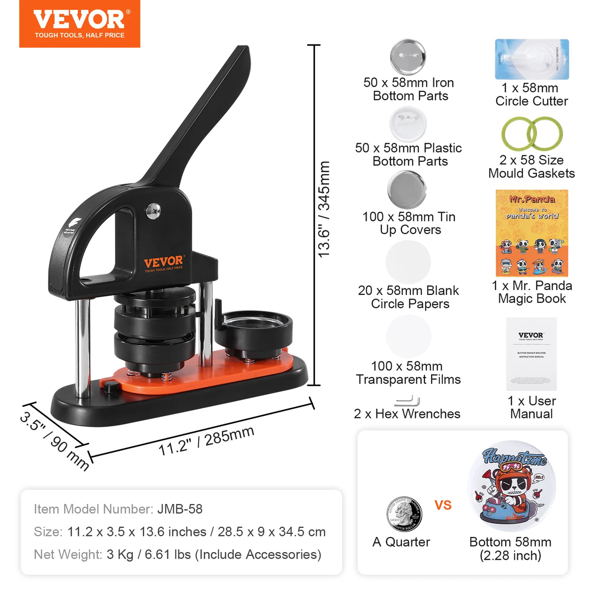Button Maker 25/32/58 Pin Maker with Button Parts Ergonomic Arc Handle Punch Press Kit Button Maker Machine