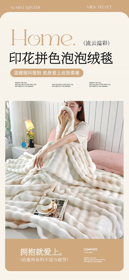 Gradient Bubble Fleece Throw Blanket Cozy Soft Plush Multipurpose Nap Blanket for Bedroom Sofa Faux Rabbit Fur Travel Blankets