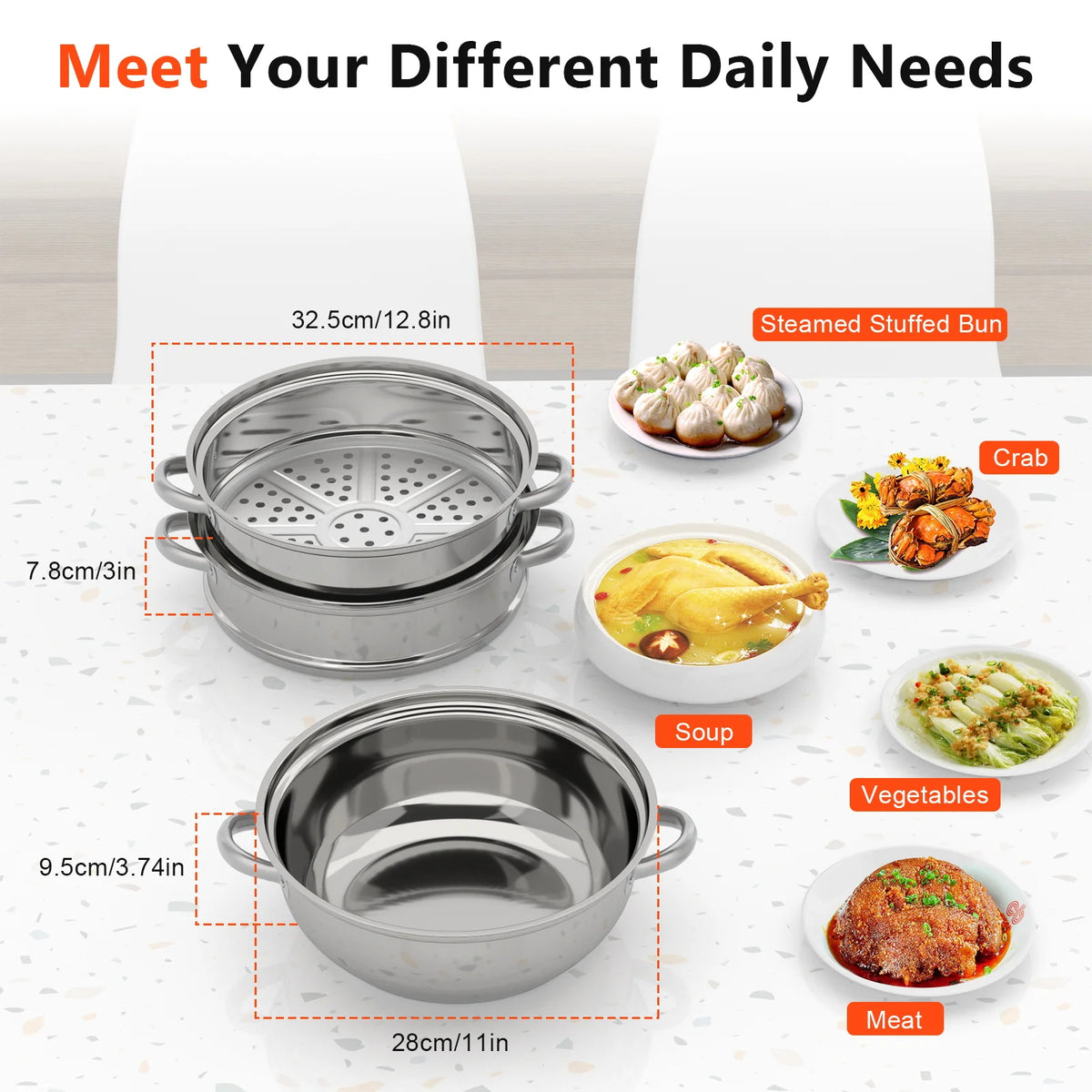 28cm 3-Tier Stainless Steel Steamer Pot with Glass Lid for Induction and Gas Stoves