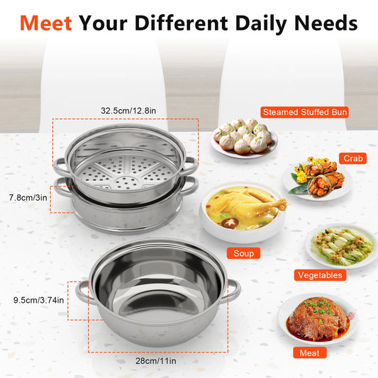28cm 3-Tier Stainless Steel Steamer Pot with Glass Lid for Induction and Gas Stoves
