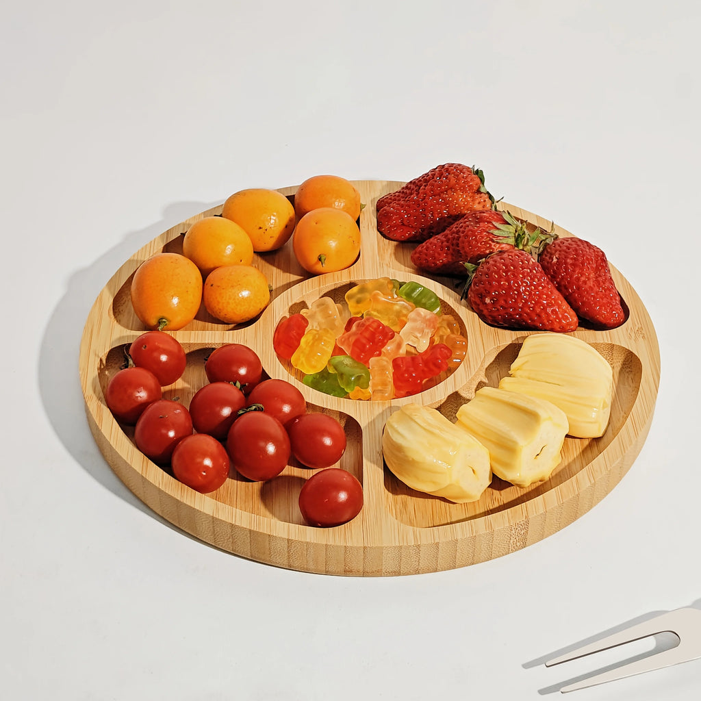 Wooden Divided Serving Trays Appetizer Tray 5 Dining Grids Snacks Bowls Round Serving Tray Serving Dishes Perfect for Parties