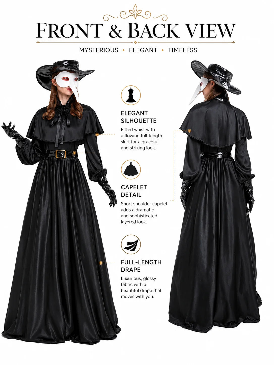 Women Plague Doctor Costume Set Medieval Gothic Long Dress with Cape Belt Hat Gloves Bird Beak Mask Steampunk Halloween Cosplay Outfit for Carnival Party