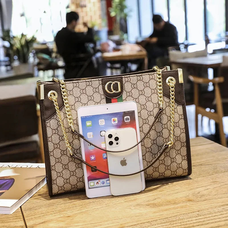 Floral Woven Tote Bag with Metal Chain Strap