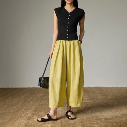 TOYOUTH Women's Lyocell Linen Wide Leg Pants — High Waist Pleated Ankle Trousers