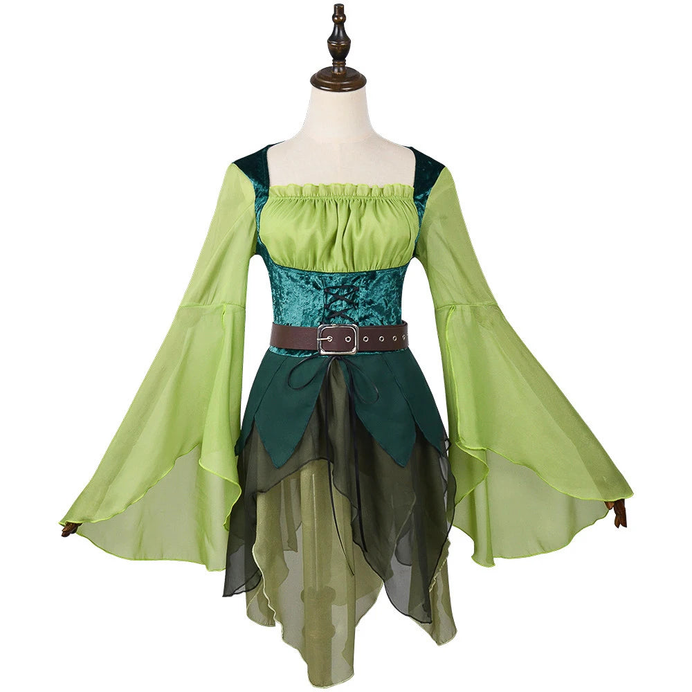 Women's Elf Medieval Green Fairy Dress Magical Elf Dress and Belt with Wings Halloween Carnival Party Cosplay Costumes