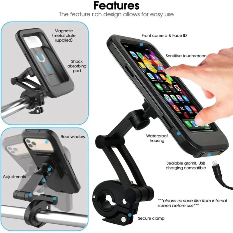New Adjustable Retractable Bike Phone Holder 360° Rotating Waterproof Anti-Shock Bike Motorcycle Phone Mount Touchscreen Bracket