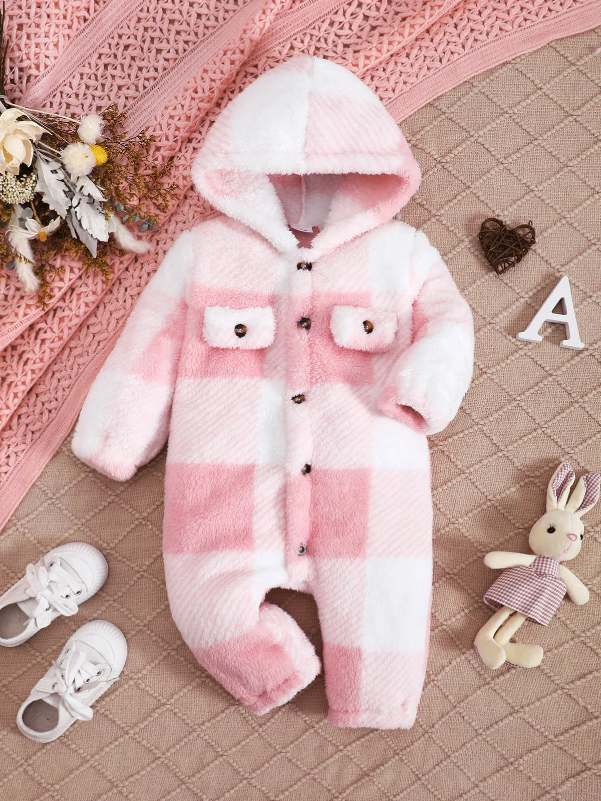 Plaid Hooded Plush Jumpsuit, Winter Warm Romper