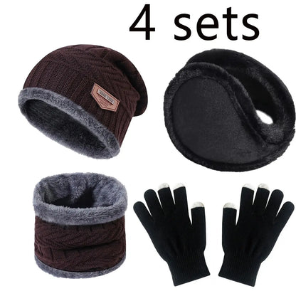 2/4pcs sets Winter Warm Velvet men Hat Scarf Gloves Set For men and women Girls Outdoor Riding Hat Beanies Neck Protection Scarf