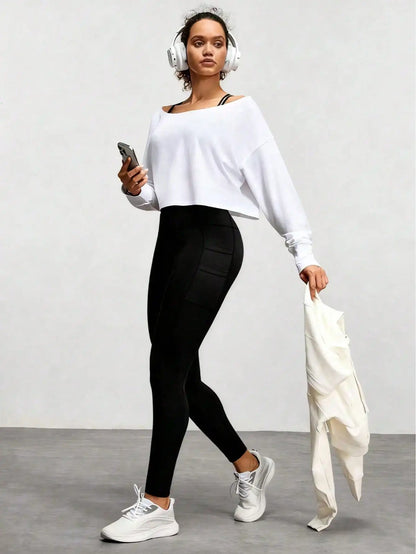 Women's High Waist Elastic Yoga Pants with Side Pockets — Casual Running Fitness Trousers