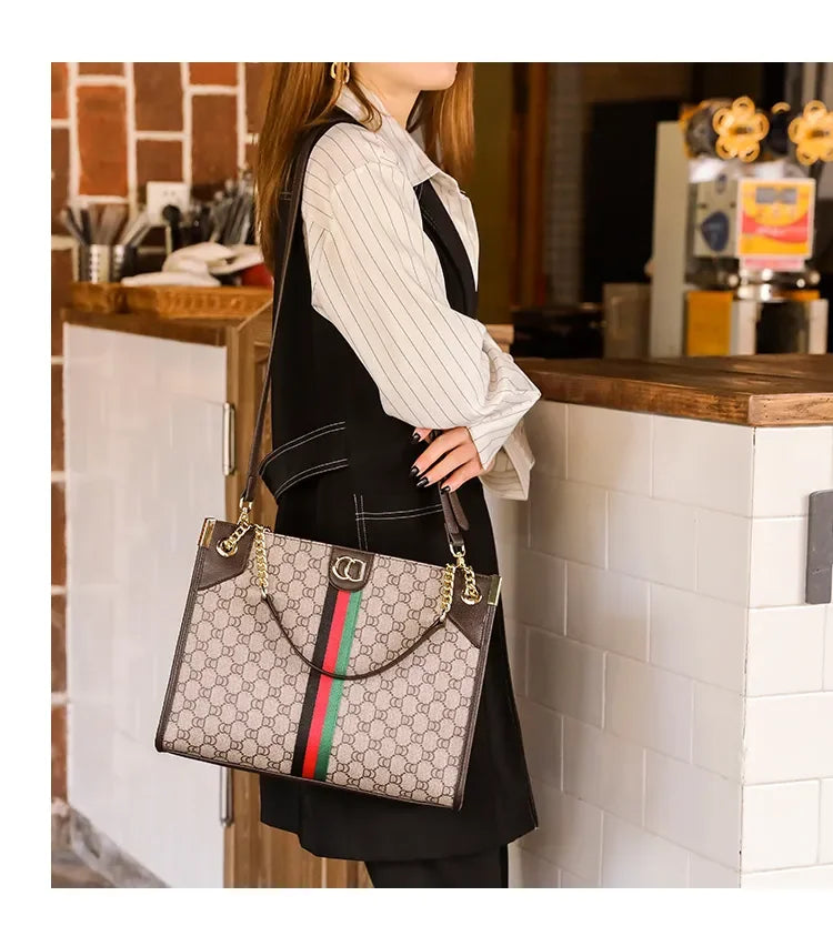 Floral Woven Tote Bag with Metal Chain Strap