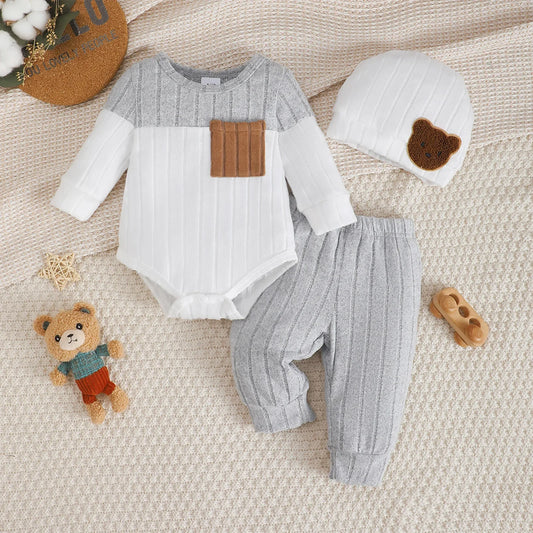 3Pcs/Set of Newborn Baby Boy Color Blocked Long Sleeved Bodysuit+Pants+Cute Hat Set 0-18 Months Baby Boy Spring and Autumn Set