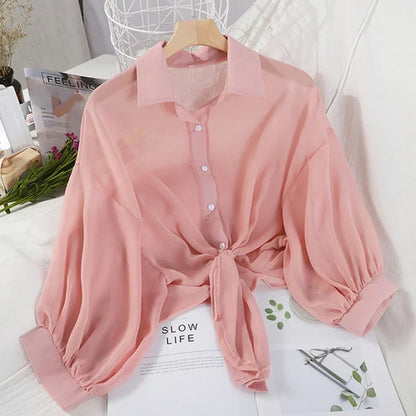 Women's Casual Hollow White Chiffon Shirt — Solid Tied Waist Bat Sleeve Blouse