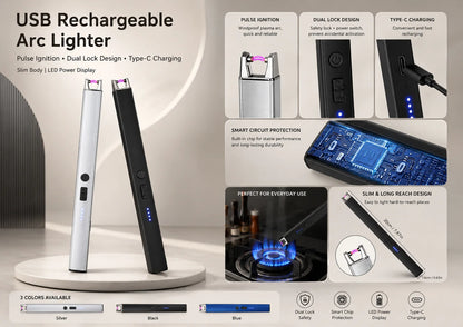 Electric Arc Candle Lighter – USB Rechargeable, Windproof Flameless Plasma, Long Reach & LED Display