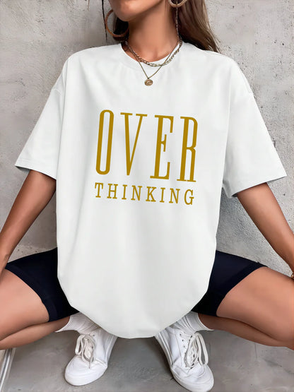 Women's Over Thinking Letter Print T-Shirt — Vintage Cotton Casual Tee