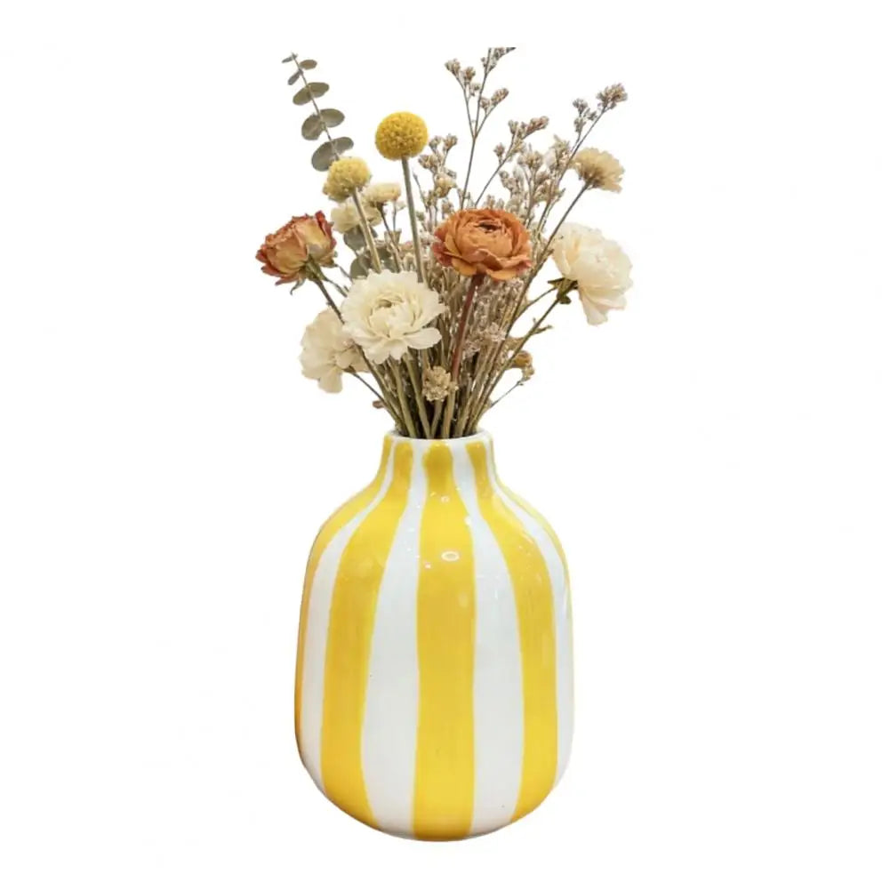 Hand-Painted Ceramic Striped Vase — Nordic Boho Decorative Flower Container for Home