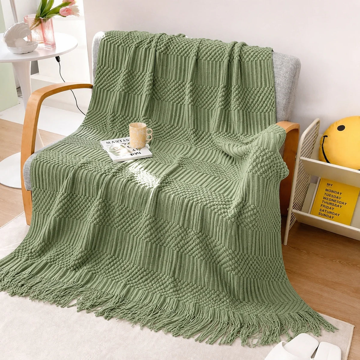 Sage Green Diamond Knit Throw Blanket with Tassels