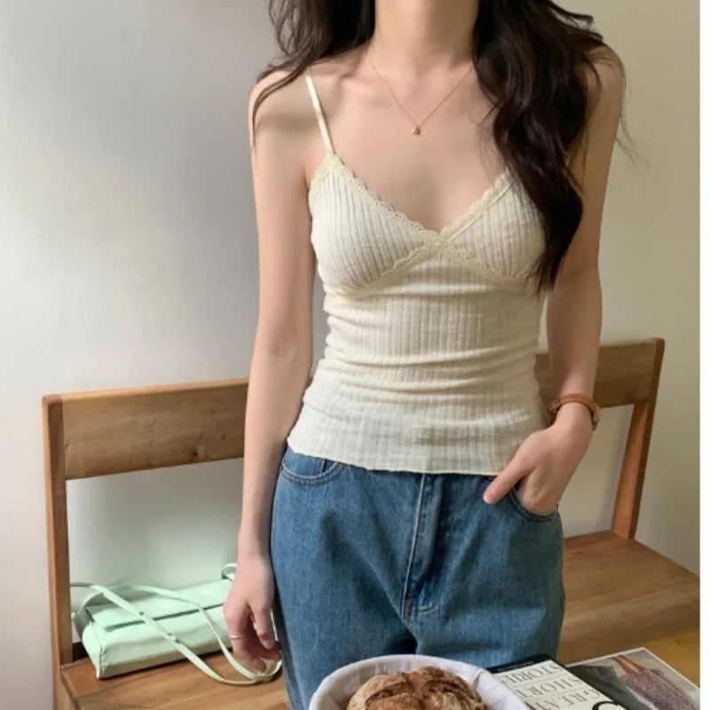 Women's V-Neck Ribbed Lace Cami Top — Built-in Bra Strappy Vest Tank