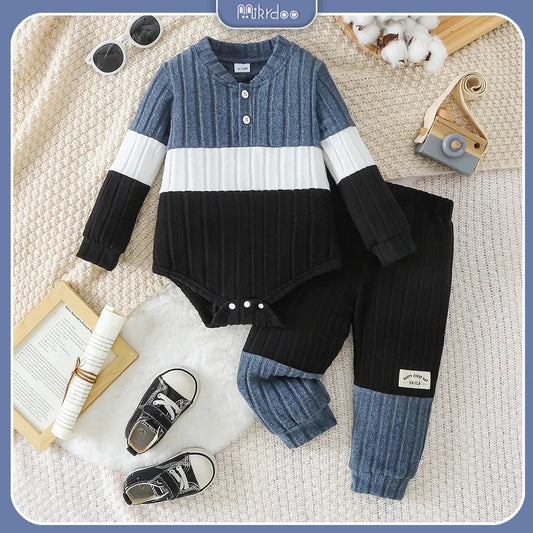 0-2Y Fashion Men's Baby Autumn Set Color blocked Striped Knitted Long sleeved Ha Yi+Spliced Pants2PCS Set Baby Casual Clothing