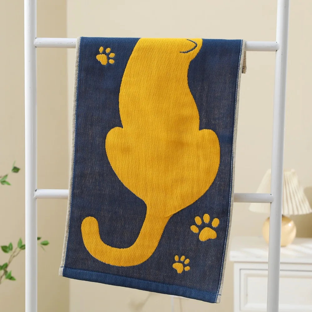Cartoon Cat Face Towels 34x74cm Soft Bath Towel Absorbent 3 Layer Cotton