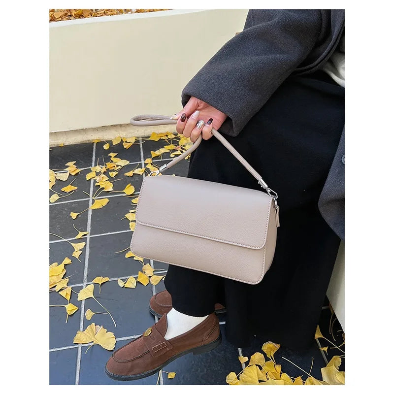 Nude Pebbled Leather Flap Crossbody, Minimalist Design