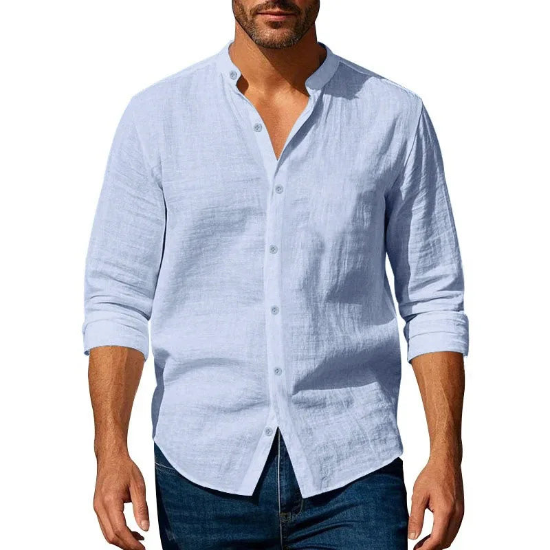 Men's Cotton Linen Henley Neck Slim Fit Shirt — Solid Color Breathable Long Sleeve Button Up