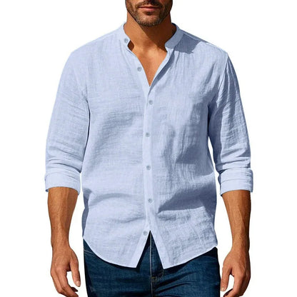 Men's Cotton Linen Henley Neck Slim Fit Shirt — Solid Color Breathable Long Sleeve Button Up