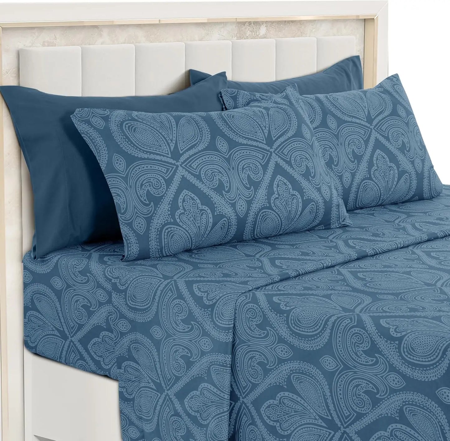 Queen Sheet Set 6 Piece, Paisley Floral Pattern Microfiber Bed Sheets with 16" Deep Pocket, Wrinkle-Free Breathable Bedding