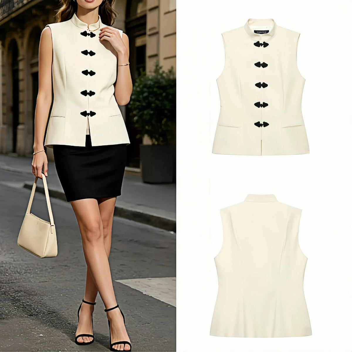 Women's Beige Frog Button Sleeveless Vest – Tailored Waist Lightweight Summer Outerwear