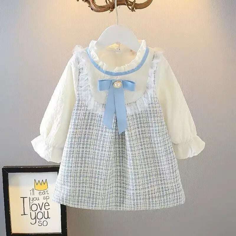 Girls Long Sleeve Loose Dress with Round Neck Bow