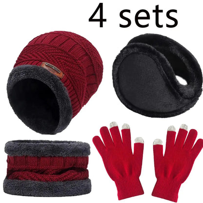 2/4pcs sets Winter Warm Velvet men Hat Scarf Gloves Set For men and women Girls Outdoor Riding Hat Beanies Neck Protection Scarf