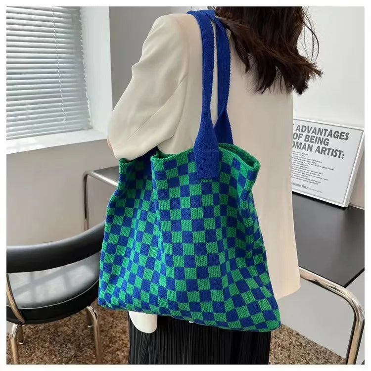 Plaid Wool Knitted Tote Bag, Color-Matched Design