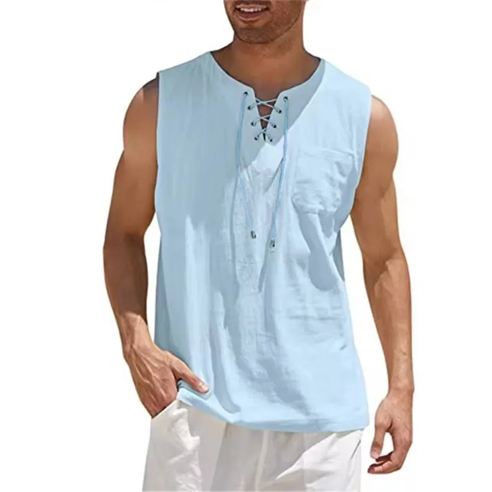 Men's Cotton Linen Sleeveless Vest — Retro V-Neck Lace Up Tank Top