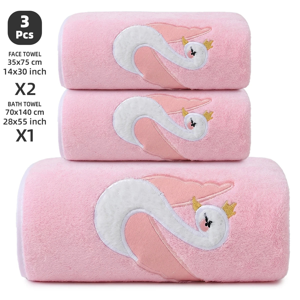3-Piece Towel Set, 1 Bath Towel + 2 Hand Towels, Elegant Swan Embroidery