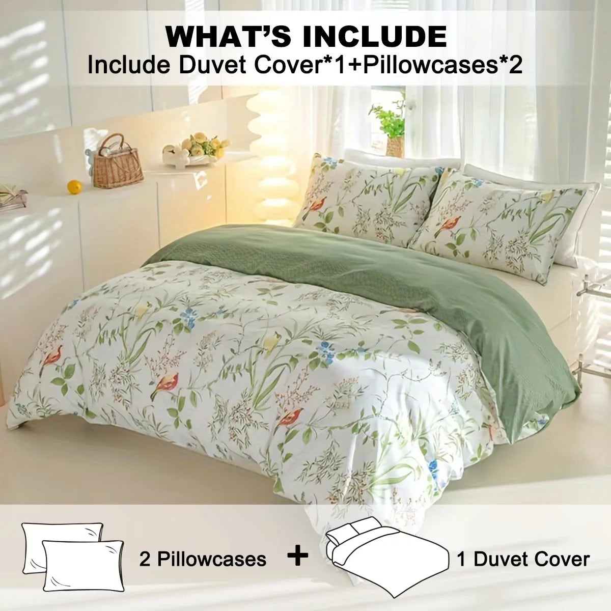 Floral & Bird Print Duvet Cover Set, 3-Piece, Breathable
