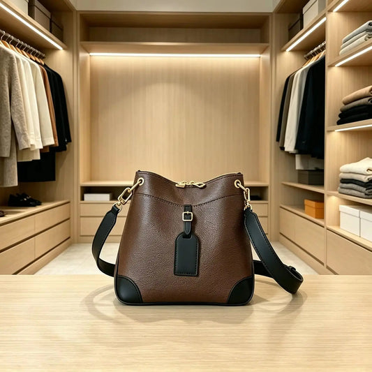 Two-Tone Grained Faux Leather Hobo Bucket Bag