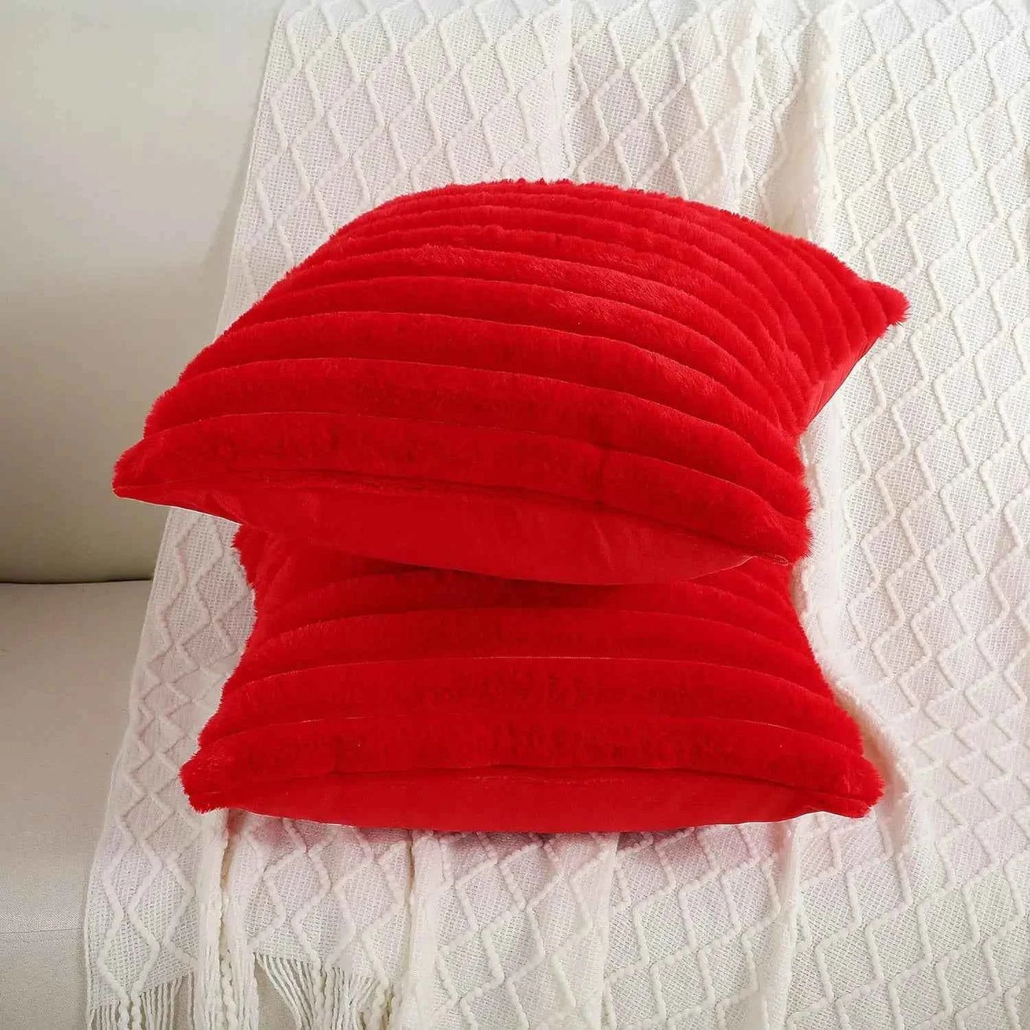 1pc Ins Style Plain Color Vertical Stripe High Quality Rabbit Plush Pillow Cover and Sofa Bedroom Cushion Coreless Pillowcase