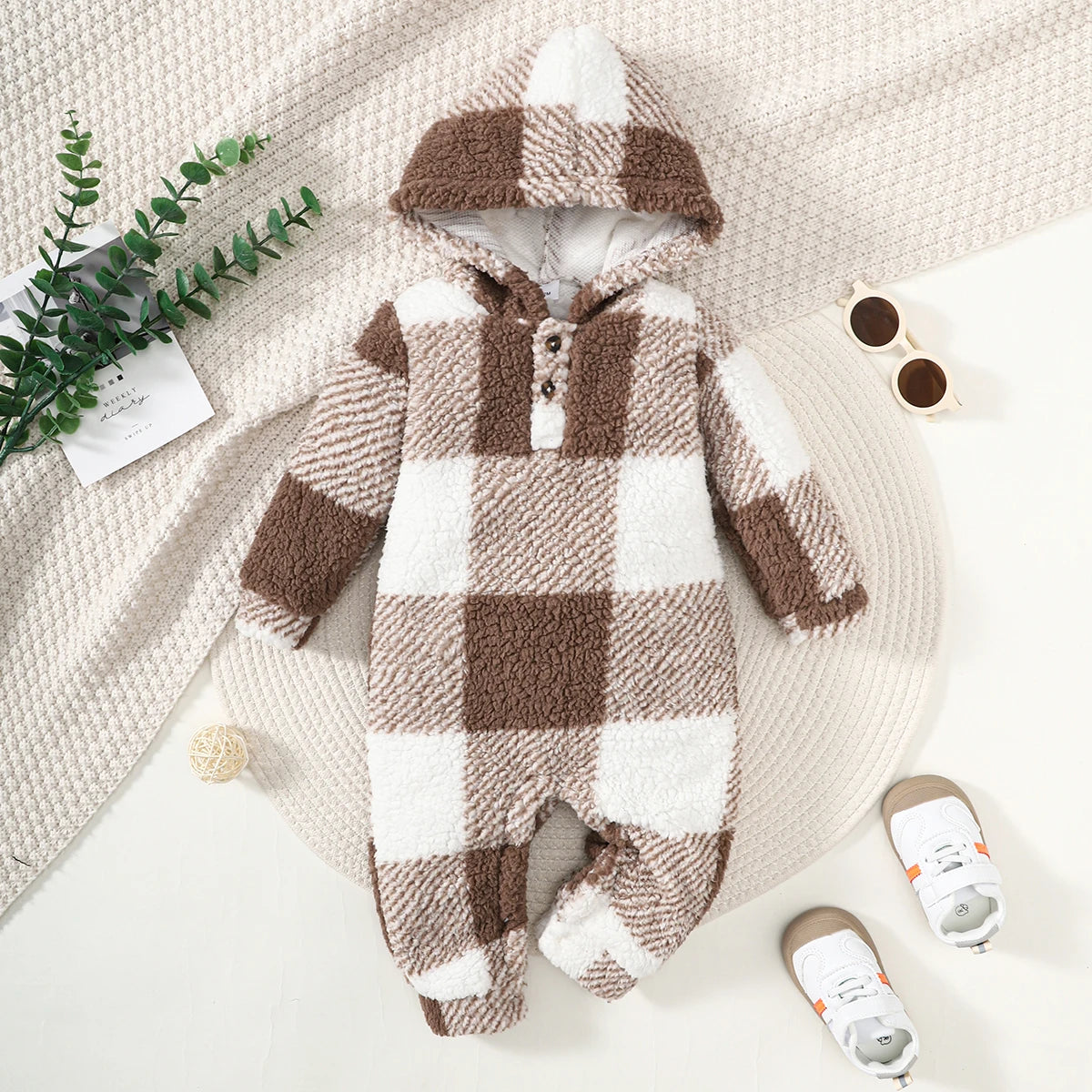 Plaid Hooded Plush Jumpsuit, Winter Warm Romper