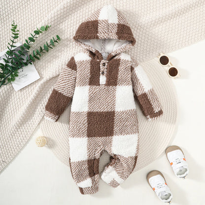 Plaid Hooded Plush Jumpsuit, Winter Warm Romper