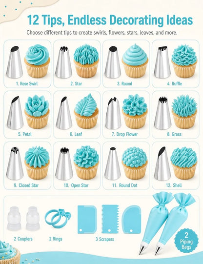 21-Piece Cake Decorating Kit | Reusable Silicone Piping Bags & Tips Set
