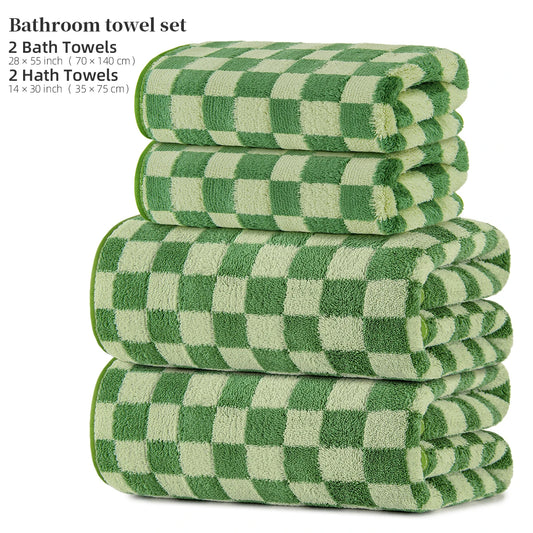 4-Piece Towel Set, 2 Bath Towels + 2 Hand Towels, Checkerboard Pattern