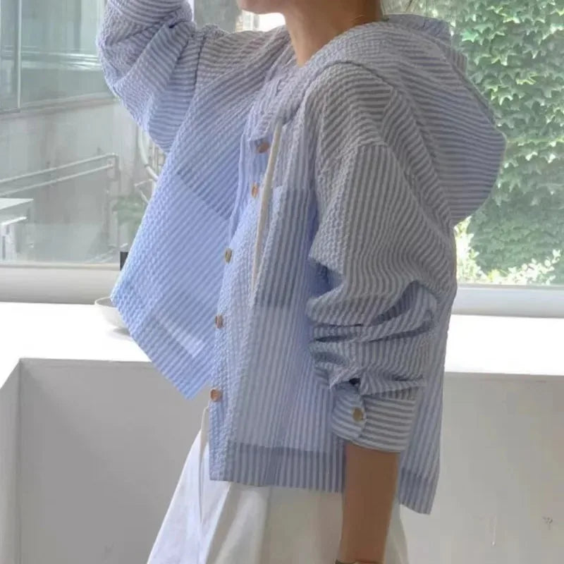 Women's Korean Chic Stripe Contrast Hooded Shirt — Loose Long Sleeve Sunscreen Top