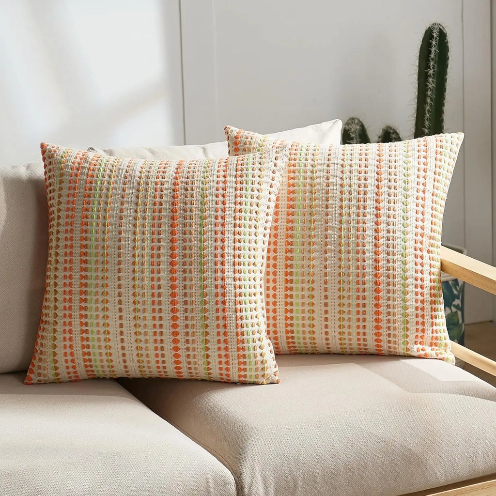 Blue Boho Striped Chenille and Linen Cushion Cover