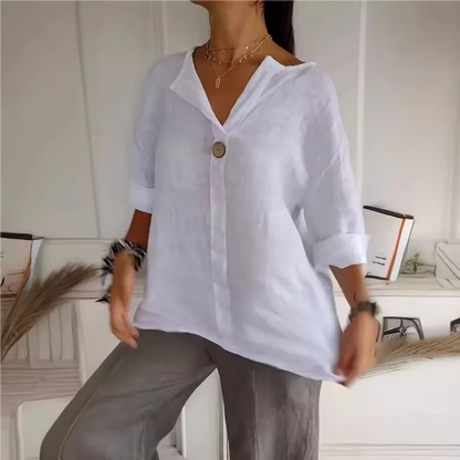 VEITCHE Women's V-Neck Button Shirt — 3/4 Sleeve Cotton Linen Top
