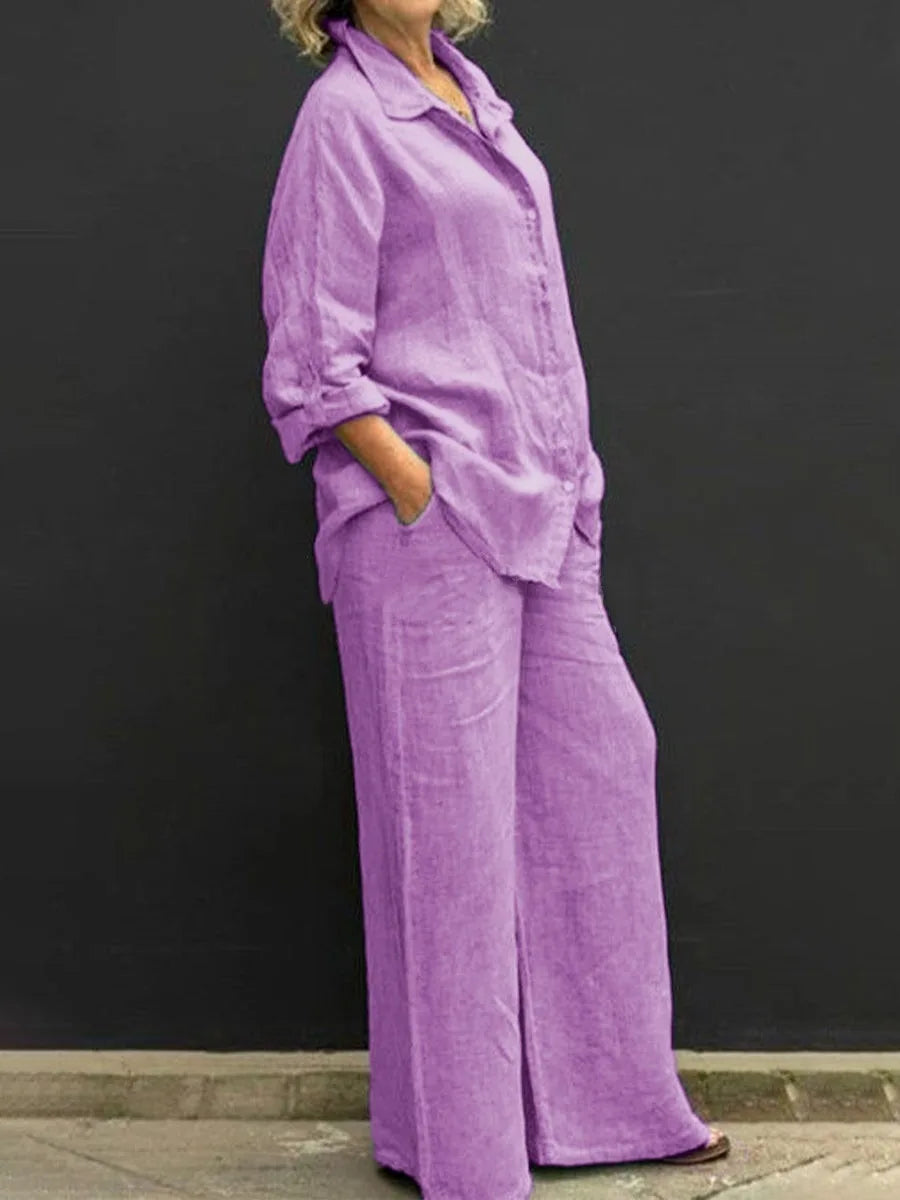 Women's Lapel Shirt & Wide-Leg Pants — Casual Two-Piece Set